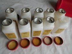 10 Griffith Milk Glass SPICE JARS RED Plastic Art Deco Rack labels 9 insert Vtg