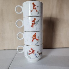 Grace Fine Porcelain Christmas Snowman Mugs Set of 4 Gold Rim 3.5″ Holiday Cups
