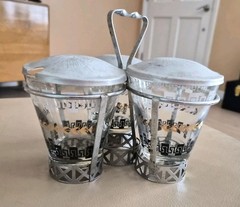 Mid-Century Glass & Aluminum Vintage Condiment 3 Glasses Set w/ Caddy & Lids