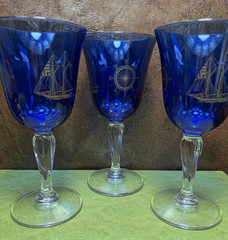 Colbalt Blue Wine Glasses with Gold Nautical Designs 7.5″ Tall Set of 3