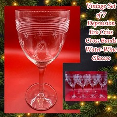 Vintage Set of 7 Depression Glass Criss Cross Bands 7 3/8” Water-Wine Goblets