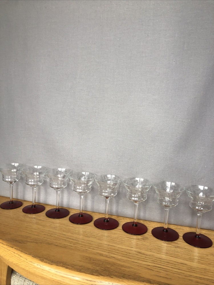 VTG Hand Blown Clear Optic Cut Crystal Cordial Glass Ruby Red Footed Floral Etch