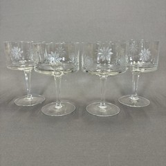 Vintage Gray Cut Clear Glass Goblet 5 1/2″ Set of 4 Stemware 8 oz Etched Flower