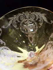 SET OF 2- RARE TIFFIN ARCADIAN TOPAZ YELLOW ETCHED BASKET 5 5/8″ WINE GLASSES