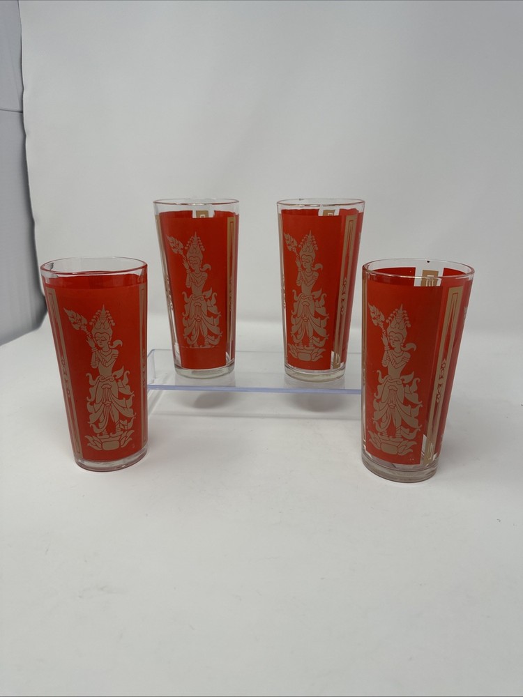 MCM Culver Red & Gold Glasses Hindu/Thai Goddess Lord Shiva 4pcs 14oz 6.5 in