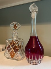 2 Vintage Cut-to-Clear Crystal Decanters~Topaz~Ruby or Cranberry