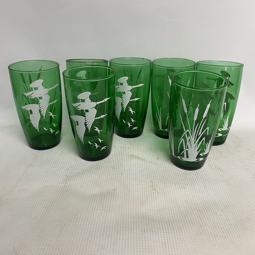 Anchor Hocking Green Tumblers Geese / Cattails Lot Of 7 Pre-Owned