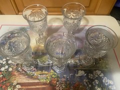 Antique EAPG Indiana Glass Daisy & Button Narcissus Goblets Hex Foot Set 5 c1910