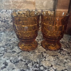 Set Of 4 Vintage Indiana Whitehall Amber Footed Juice Glasses