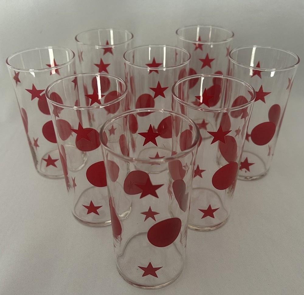 Vintage 8 Oz Red Star And Dot Juice Glasses Set of 8 Patriotic Rare Pattern