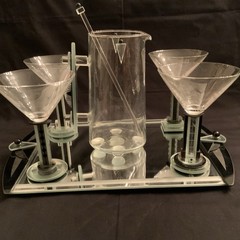 Rare Vintage George Ponzini Art Glass Martini Pitcher, Stir & 4 Glasses & Tray