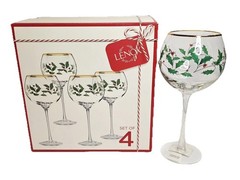 Lenox Holiday Balloon Wine Glasses 16oz Set of 4 Holly Patrn 24K Gold Rim 856101