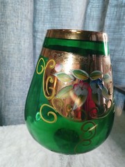 Vintage Large Emerald Green Hand Painted Czech Bohemian Goblet Gold Rim Ornate