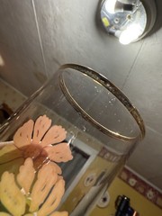 (4) Pretty Vtg. Federal Clear Glass-Pink/Yellow Daisies/Gold Trim Juice Glasses