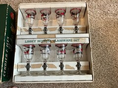Vintage 8 Libbey Currier & Ives Cordials Glass Set W/Red Rim 1950’s Orig. Box