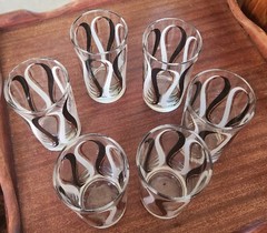 Vintage Libby Black White & Gold Ribbons Highball Glasses Tumblers set of 6