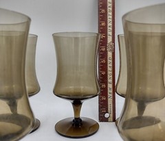 Vtg Seneca Amber Smoke Water Goblets Drink Glass Elegant etched brand (5)