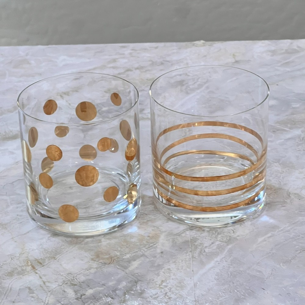 Set of Two Drinking Gl Set of Two Drinking Glasses 4″ Gold Polka Dot and Striped