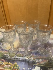 Antique EAPG Indiana Glass Daisy & Button Narcissus Goblets Hex Foot Set 5 c1910