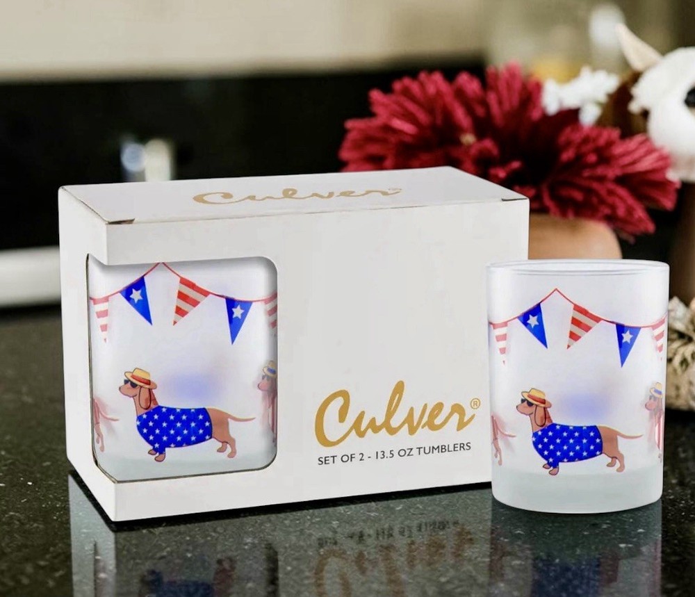 Culver Frosted Patriotic July 4th SWEATER Dachshunds Glasses Set NEW IN BOX