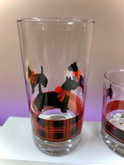  3 Vintage Fitz Scottie Dog Red Plaid Drinking Glasses 2 Tall 1 Short