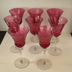 8 Handblown rose pink cranberry Glasses optic swirl 8” water wine goblets