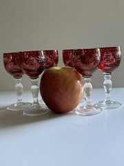 6 Vintage Bohemian Ruby Cut to Clear Crystal Cordial Glasses Leaf Fruit Design