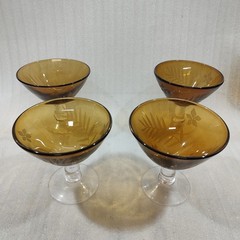 VTG Hand Blown Glassware (4) Etched Amber Stem Martini Cocktail Dessert 5″