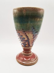 6″ Studio Pottery Chalice Goblet, Red & Green Glaze, Blue Slip-Dots