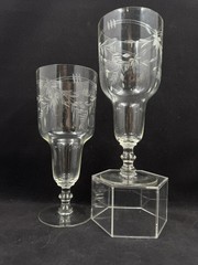 Pilsner Glasses Etched Bands Gray Cut Flowers & Leaves 7.75” HTF Vintage
