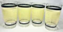 VTG Rare 1940-50s Yellow BURLAP (4) Tumbler Retro Glasses Black Border Barware
