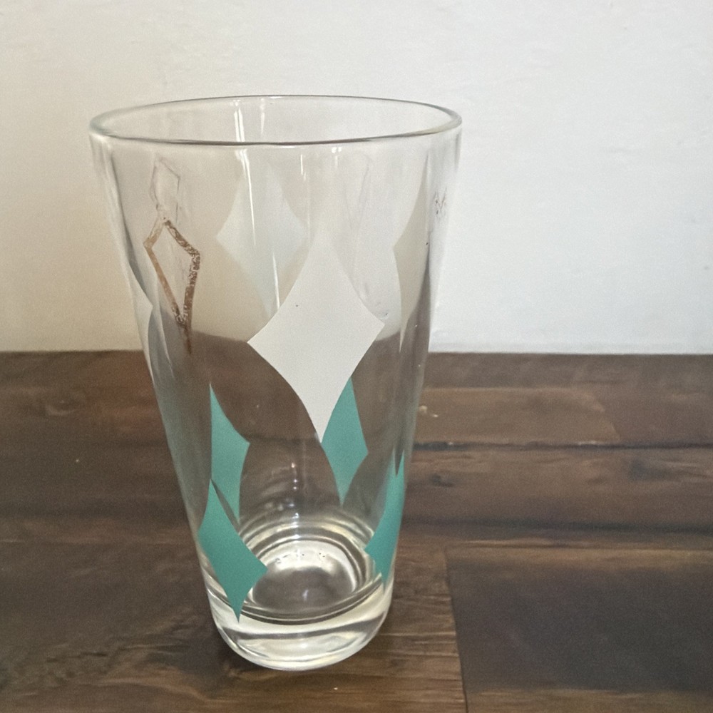One 5.25″ ATOMIC DIAMOND MCM DRINKING GLASSES TURQUOISE WHITE GOLD NICE!!!