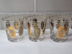 Vintage Set of 3 Gold Royal Ladies Portrait Cocktail Rocks Glasses Barware MCM