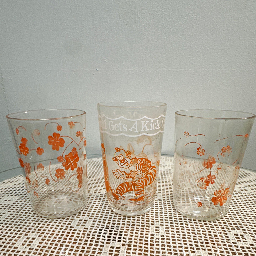 Set of 3 Clear Glass Tumbler Glasses Orange Floral Decorated «Gets A Kick» 5 in