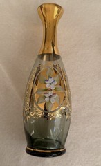 Vtg Venetian Green Decanter 6 Cordial Glasses 24K Gold trim Hand painted Flowers