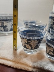 Vtg HAZEL ATLAS 9 Pc BARWARE SET – Blue/White Grapes- 4/8/10oz- And Ice Bucket