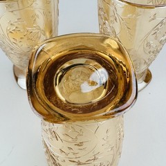Jeannette Floragold Louisa Footed Tumblers Set of 3 Amber Iridescent 4.5”