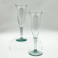 (2) Hand Blown Recycled Glass Champagne Flutes Green Pontil Possibly Kitengela