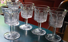 Antique Set 5 PANELLED THISTLE Water Goblets HIGBEE Clear Pressed Glass c1915