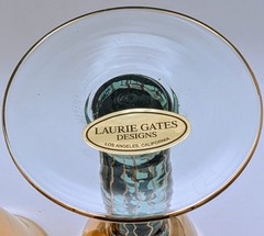 Laurie Gates Gold Goblets Pair Aqua Stem Hand Painted Metallic Wine Glasses 8.5”