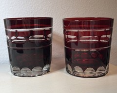 Vtg Pottery Barn Ruby Red & Clear Banded Thumbprint Pattern Whiskey Glasses (2)