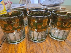 Set Of 6 Cera Glass Green/Gold Grapes Greek Columns MCM Barware 14oz Glasses