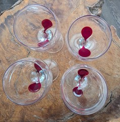 Pier 1 Hand Blown Wine Glasses Red Laced Ribbon Stem 9″ Set Of 4