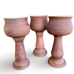 VTG 70s Studio Pottery Wine Pitcher Goblets Wood Caddy Set 5pc Grape Brutalist