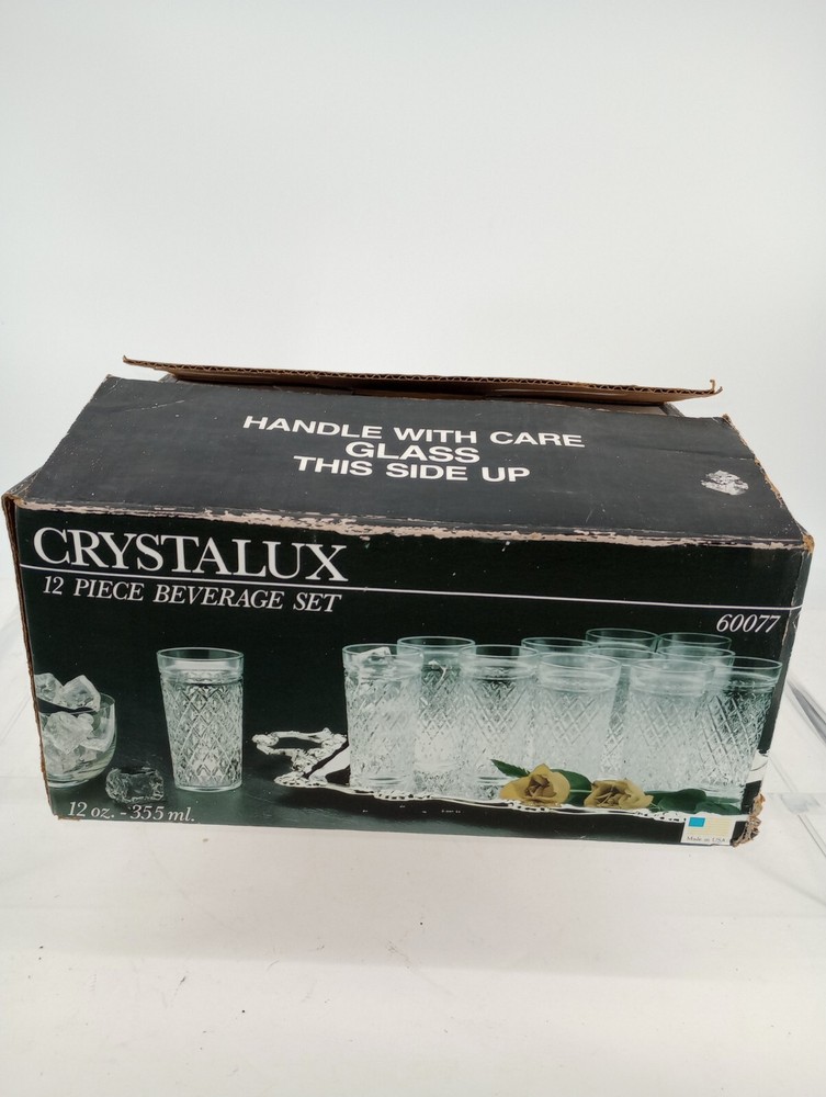 Vintage Crystalux 12 Piece Beverage Set Waffle Crosshatch 5.5” h 12 oz (60077)