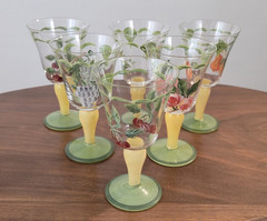 Set of 6 Hand-Painted Fruit Pattern Wine Glasses, Glass, Green Yellow Stems