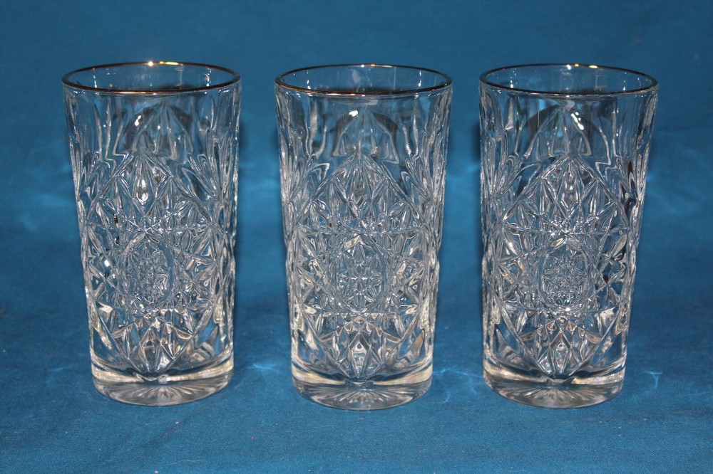 Libbey Hobstar Iced Tea/water Glasses With Gold Rims 6 1/4” Set Of 3