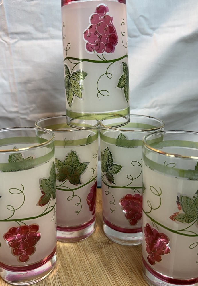 Vintage Libbey Largo Frosted Grapevine Gold Rim Juice Glasses Set of 5