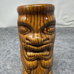 Ceramic Tiki Mug Brown Woodgrain Double Face Polynesian Hawaiian Tiki Bar 7in