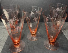 Rare 1930’s TIFFEN Pink Panel Optic Elegant Glass Footed Tumbler Etched GLOWS 6”